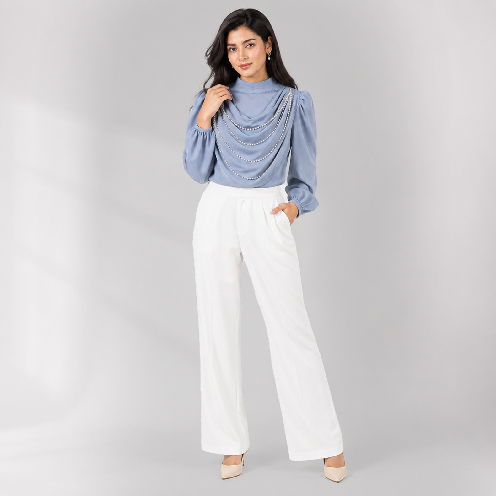 Elegant Blue Draped Neck Embellished Long Sleeve Top