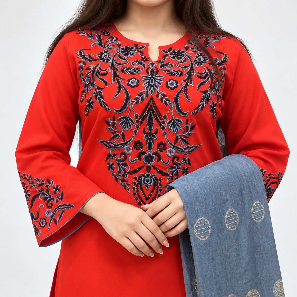 Red Floral Embroidered 3-Piece Suit for Women