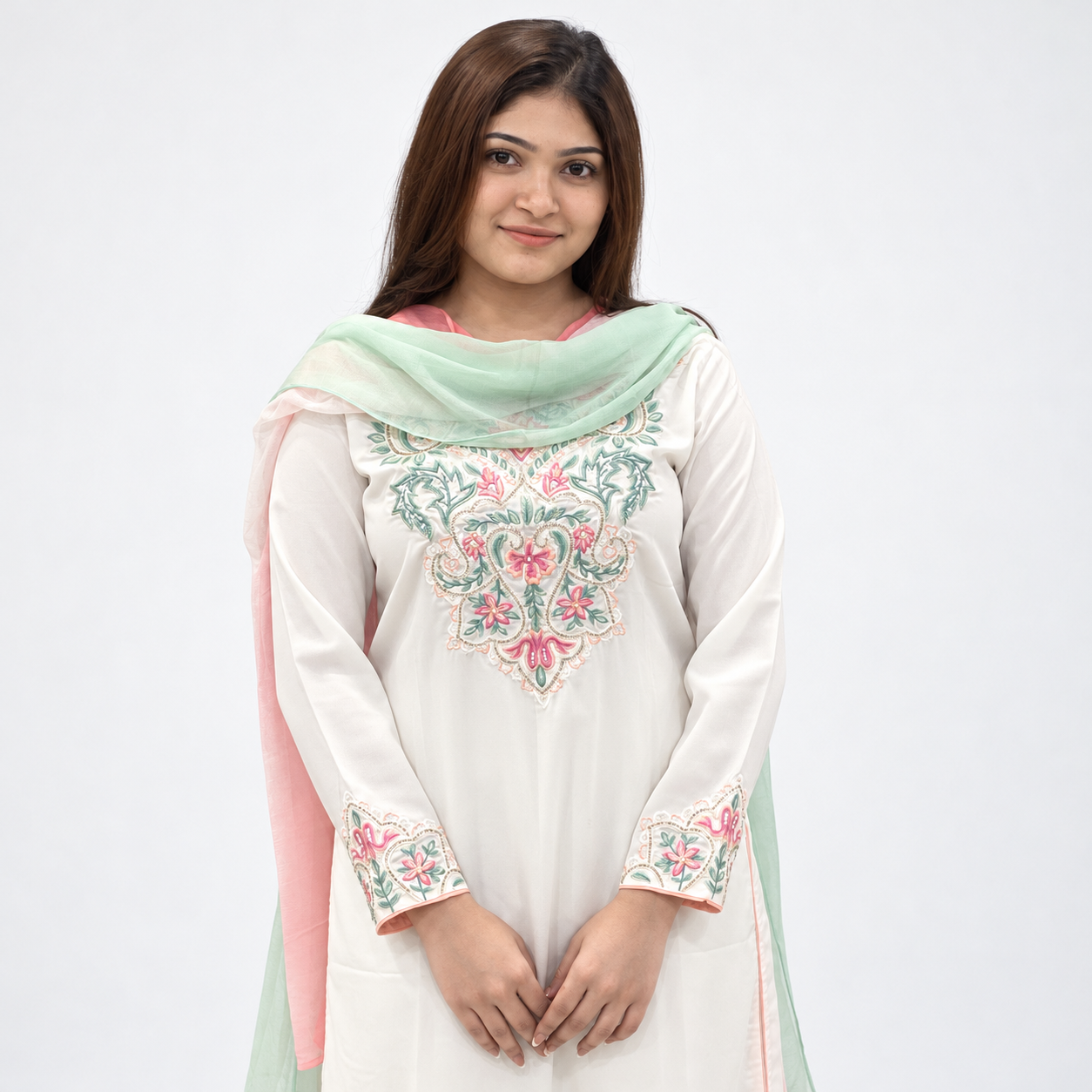 Elegant Ivory Floral Embroidered 3-Piece