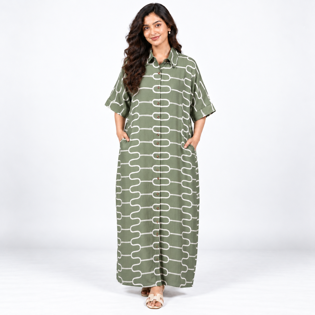 Elegant Olive Green Printed Cotton Maxi Dress
