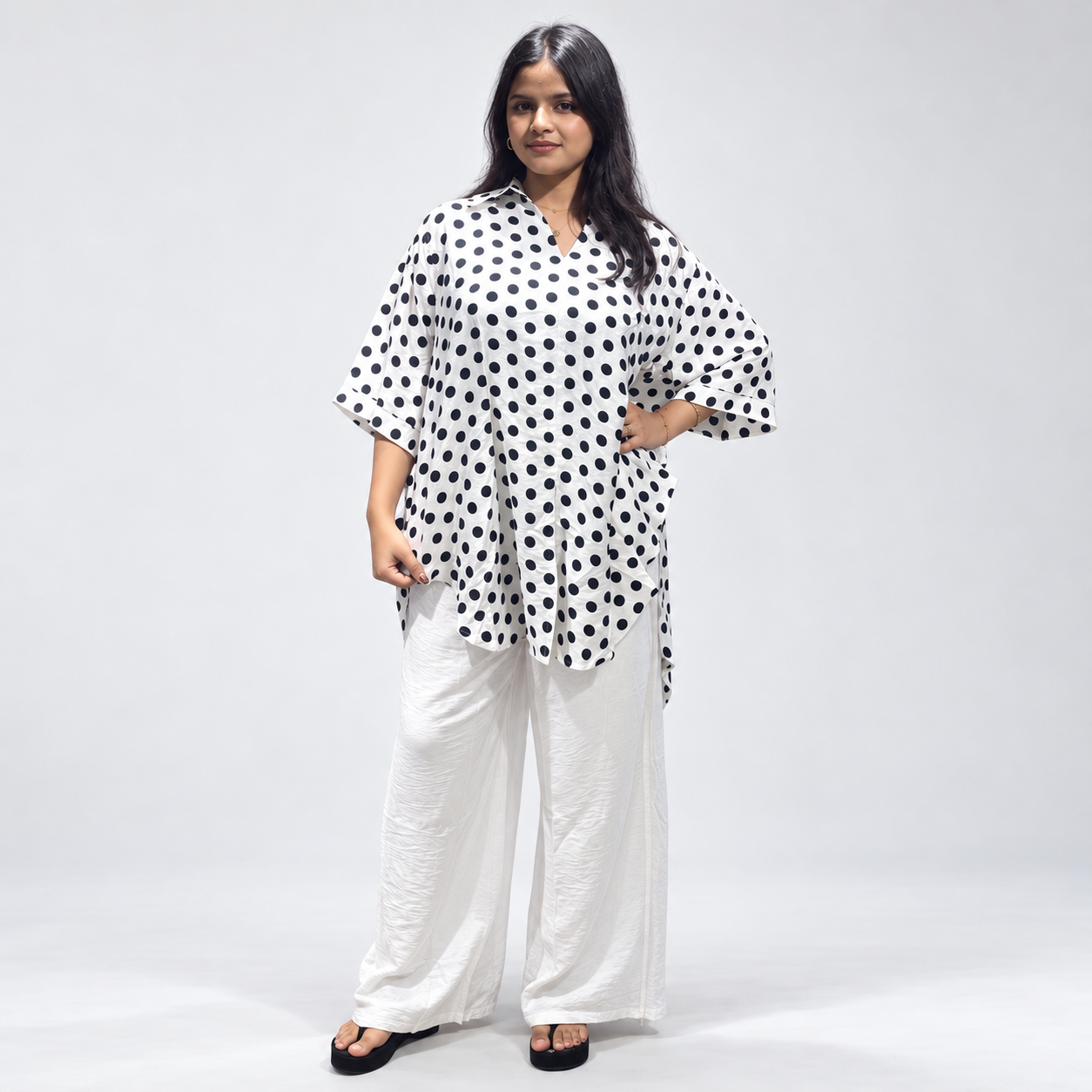 Elegant Black & White Polka Dot Oversized Co-Ord Set for Women
