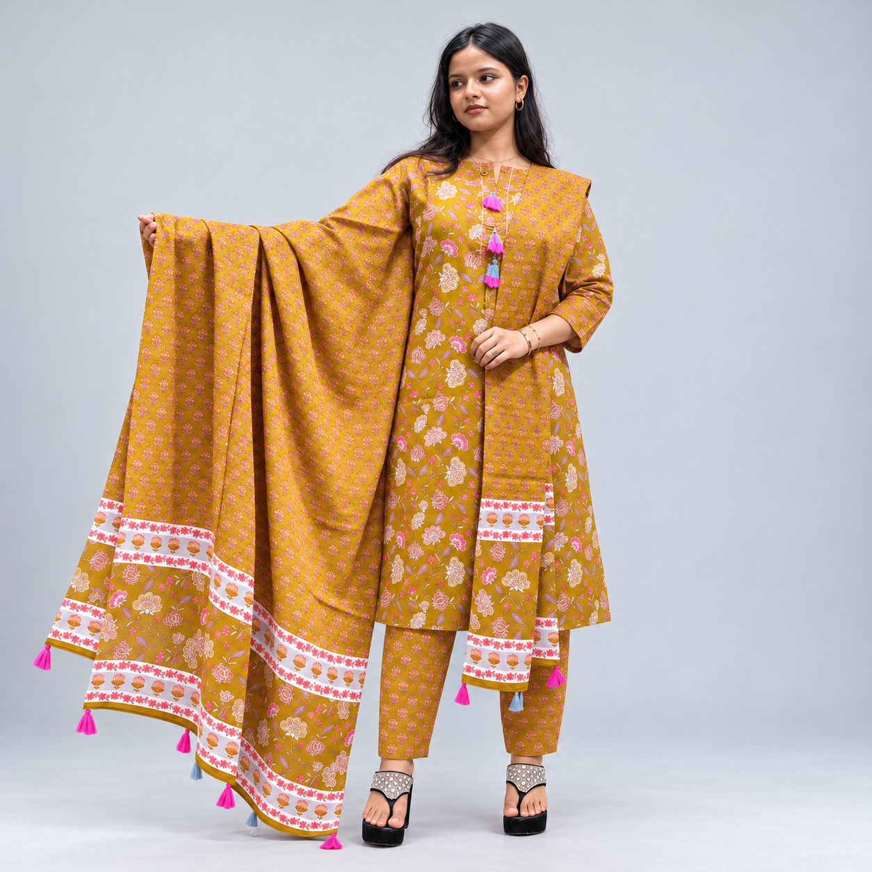 Mustard Olive Floral Printed Three-Piece Set
