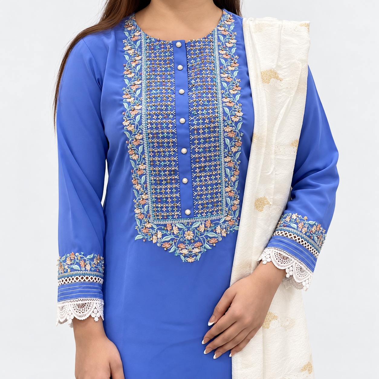 Royal Blue Floral Embroidered 3-Piece Suit for Women
