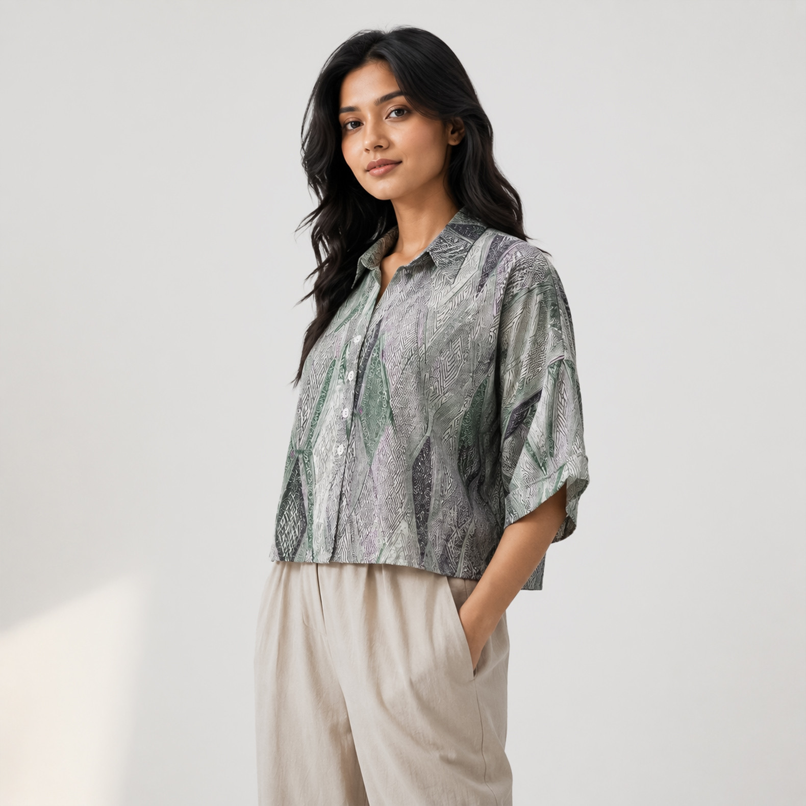 Muted Geometric Print Boxy Shirt for Women