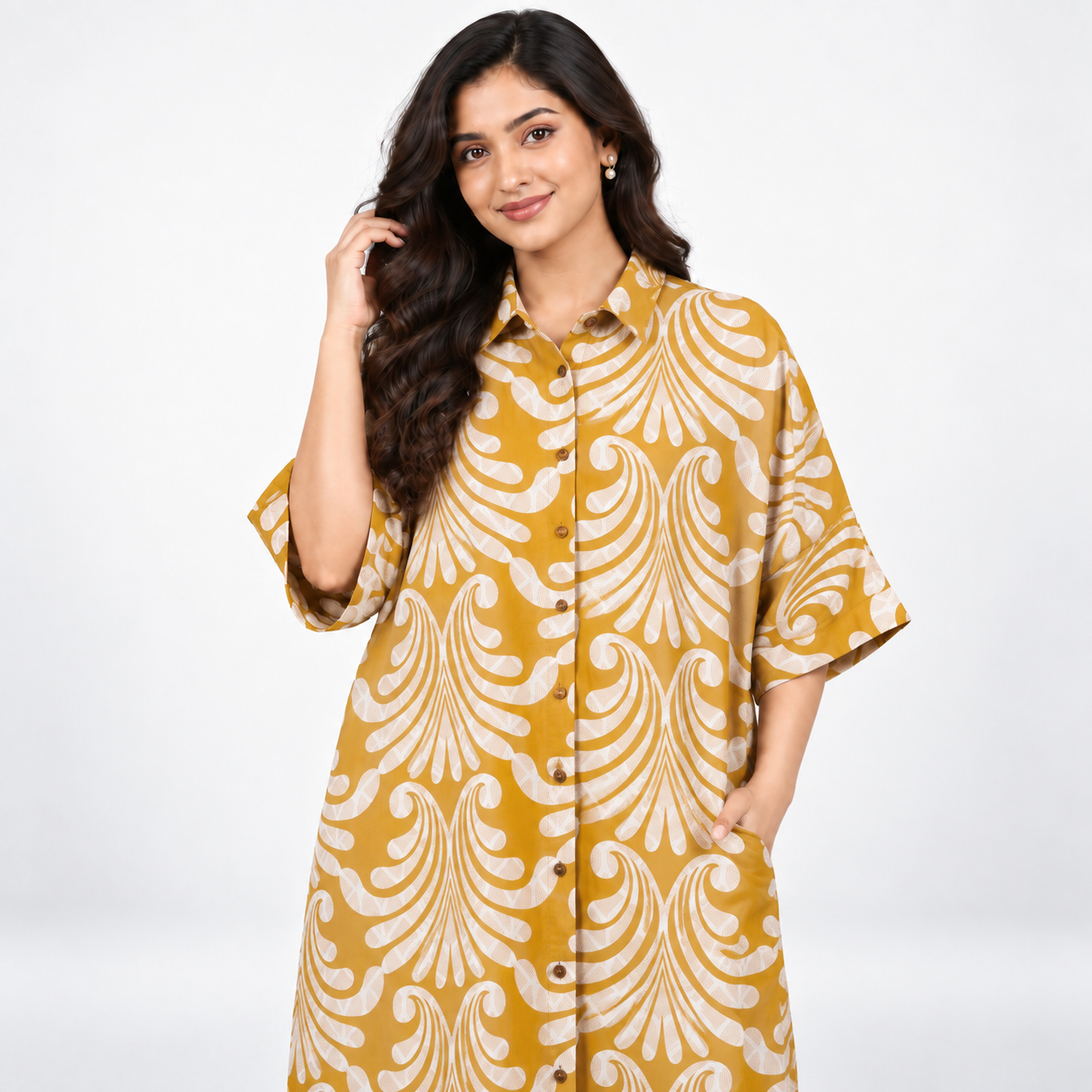 Mustard Yellow Floral Printed Cotton Maxi Dress