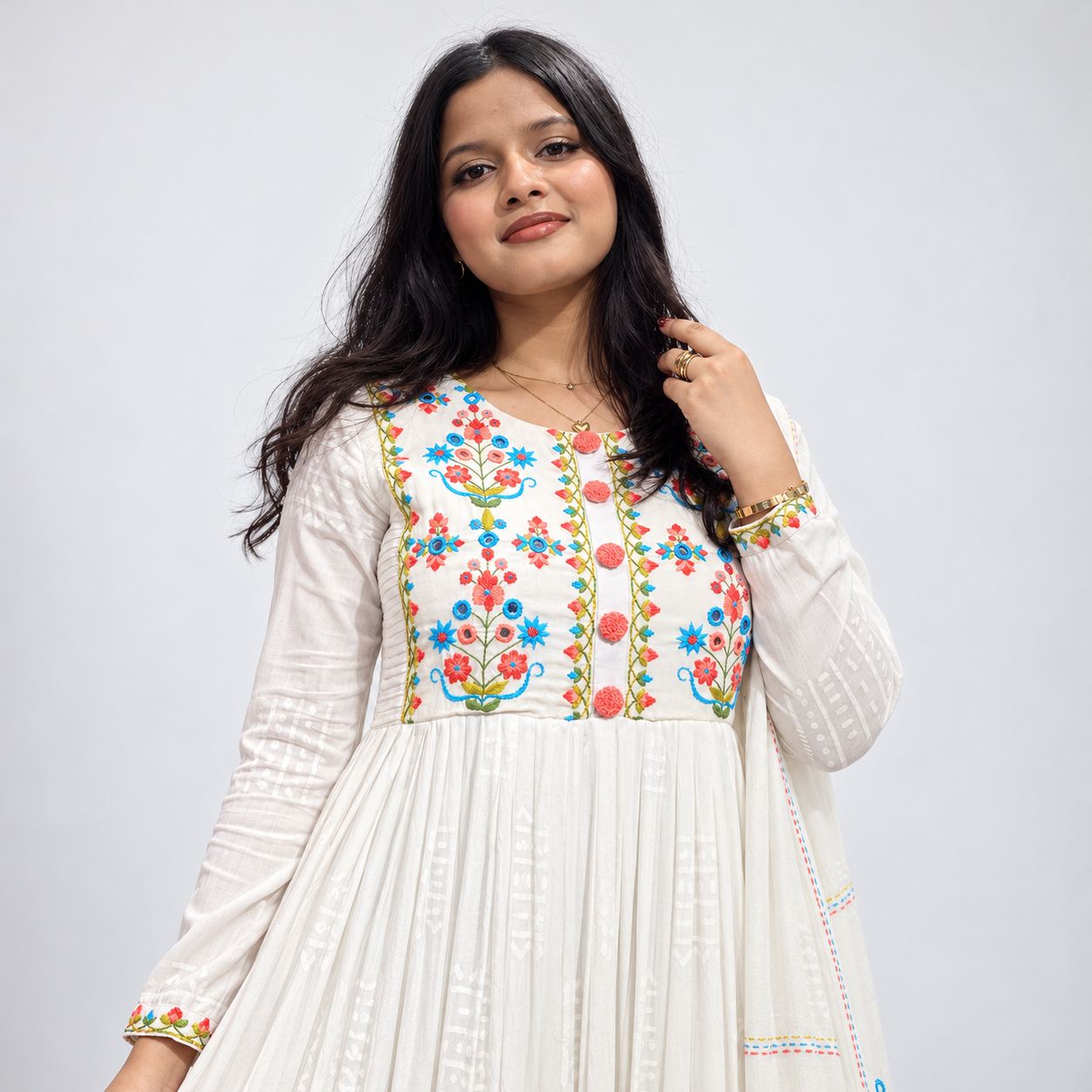 White Floral Embroidered Anarkali 3-Piece