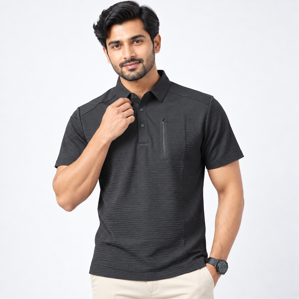Premium Black Textured Zip-Pocket Polo