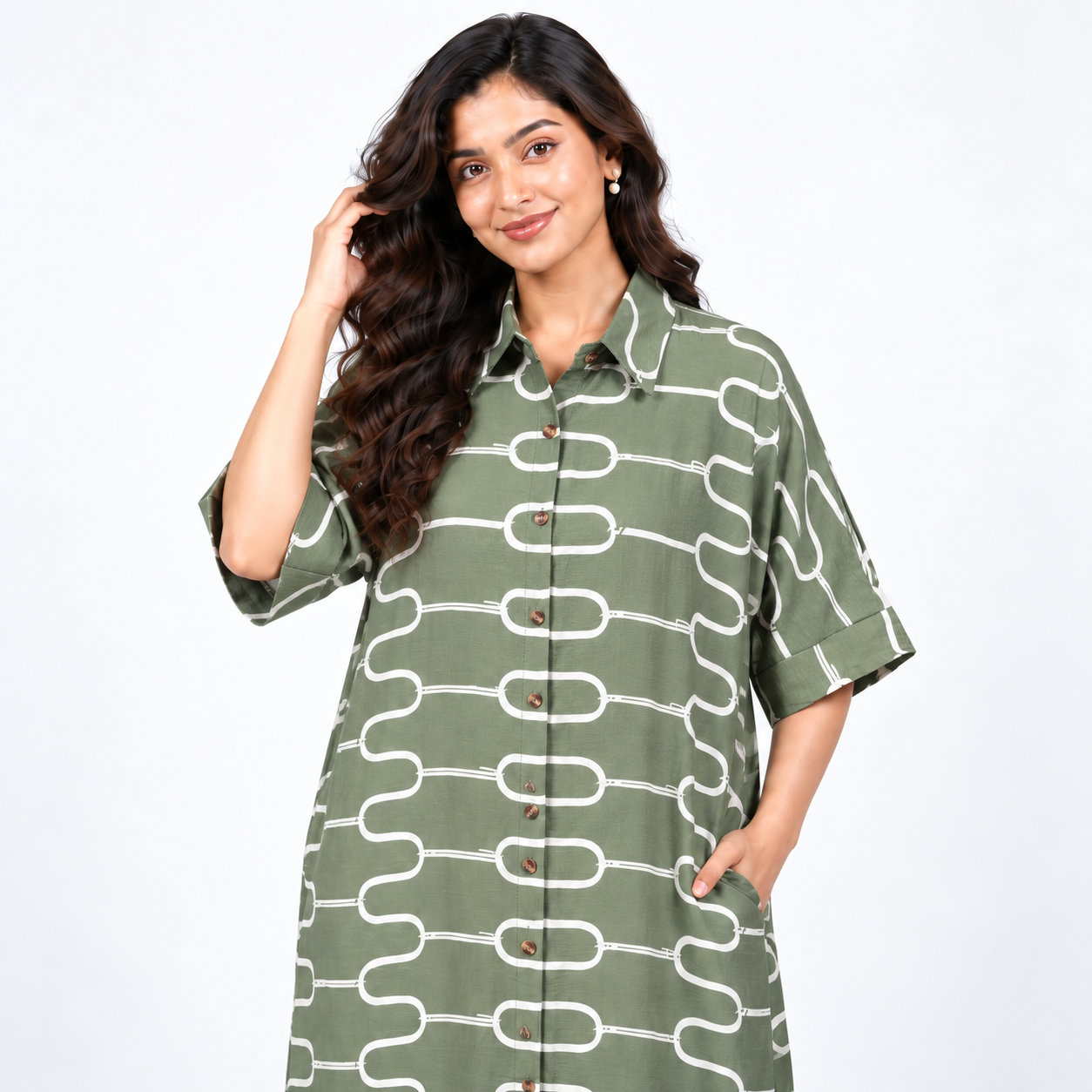 Elegant Olive Green Printed Cotton Maxi Dress