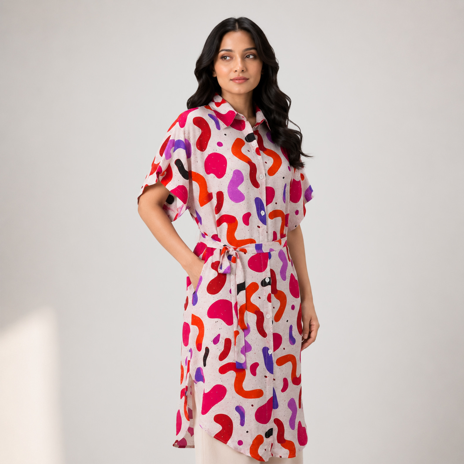 Vibrant Abstract Print Belted Shirt Dress