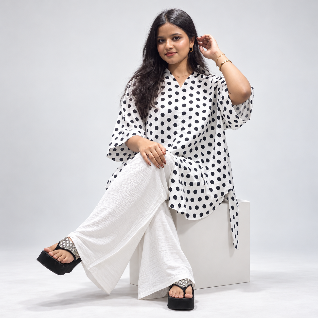 Elegant Black & White Polka Dot Oversized Co-Ord Set for Women