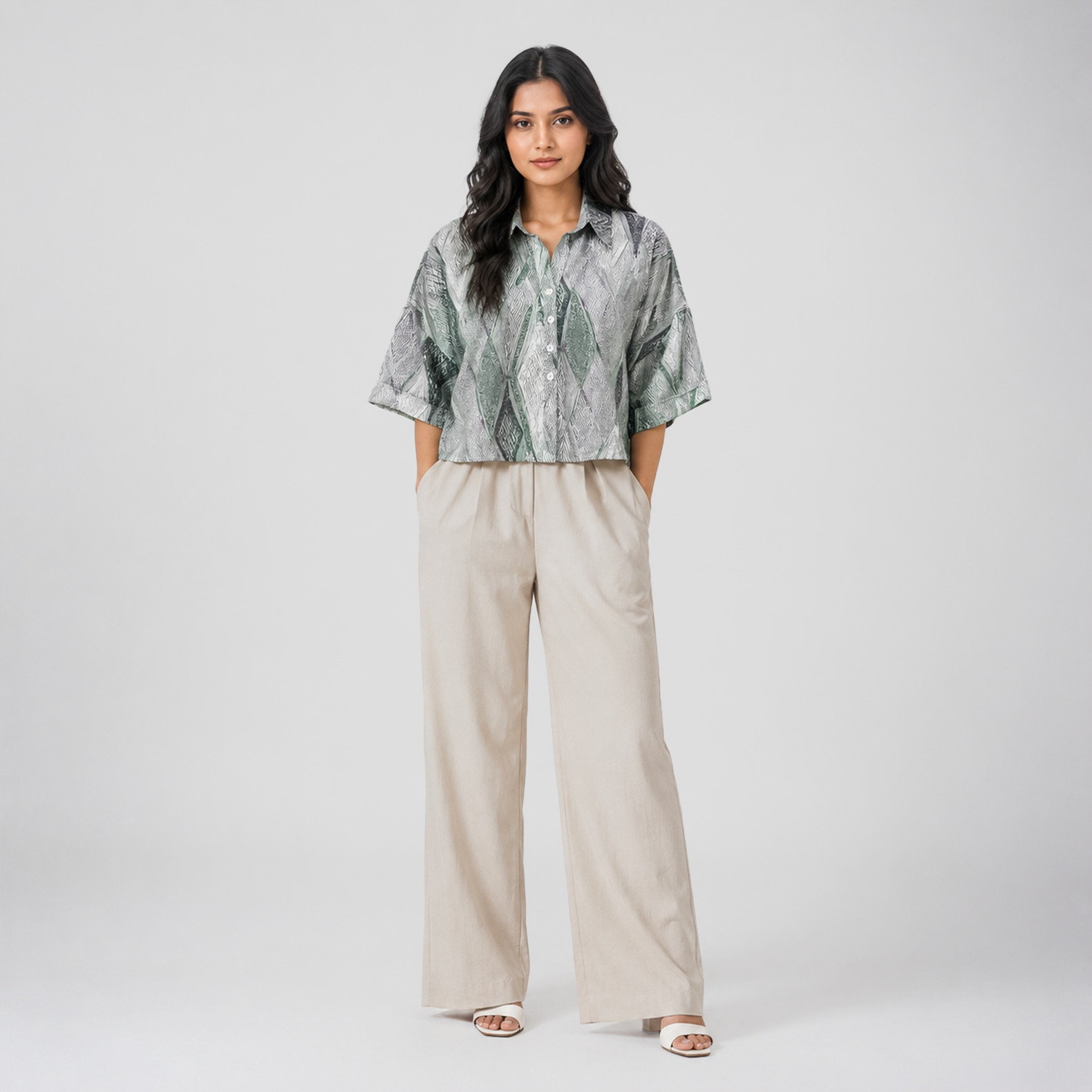 Muted Geometric Print Boxy Shirt for Women