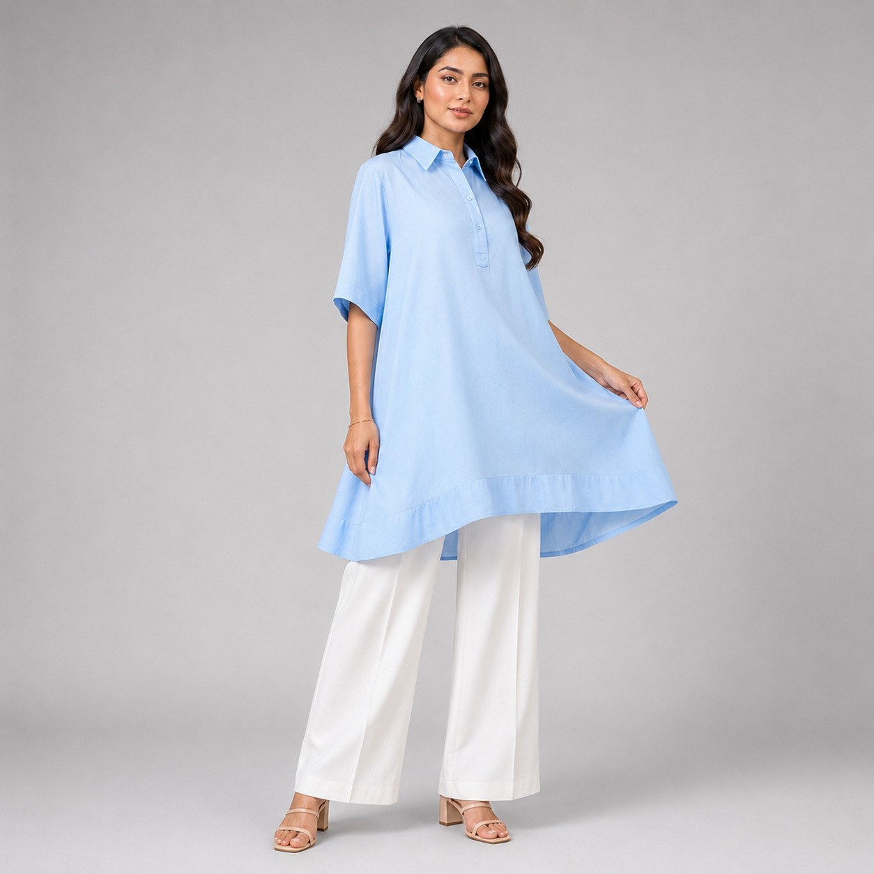 Powder Blue Solid High-Low Tuni