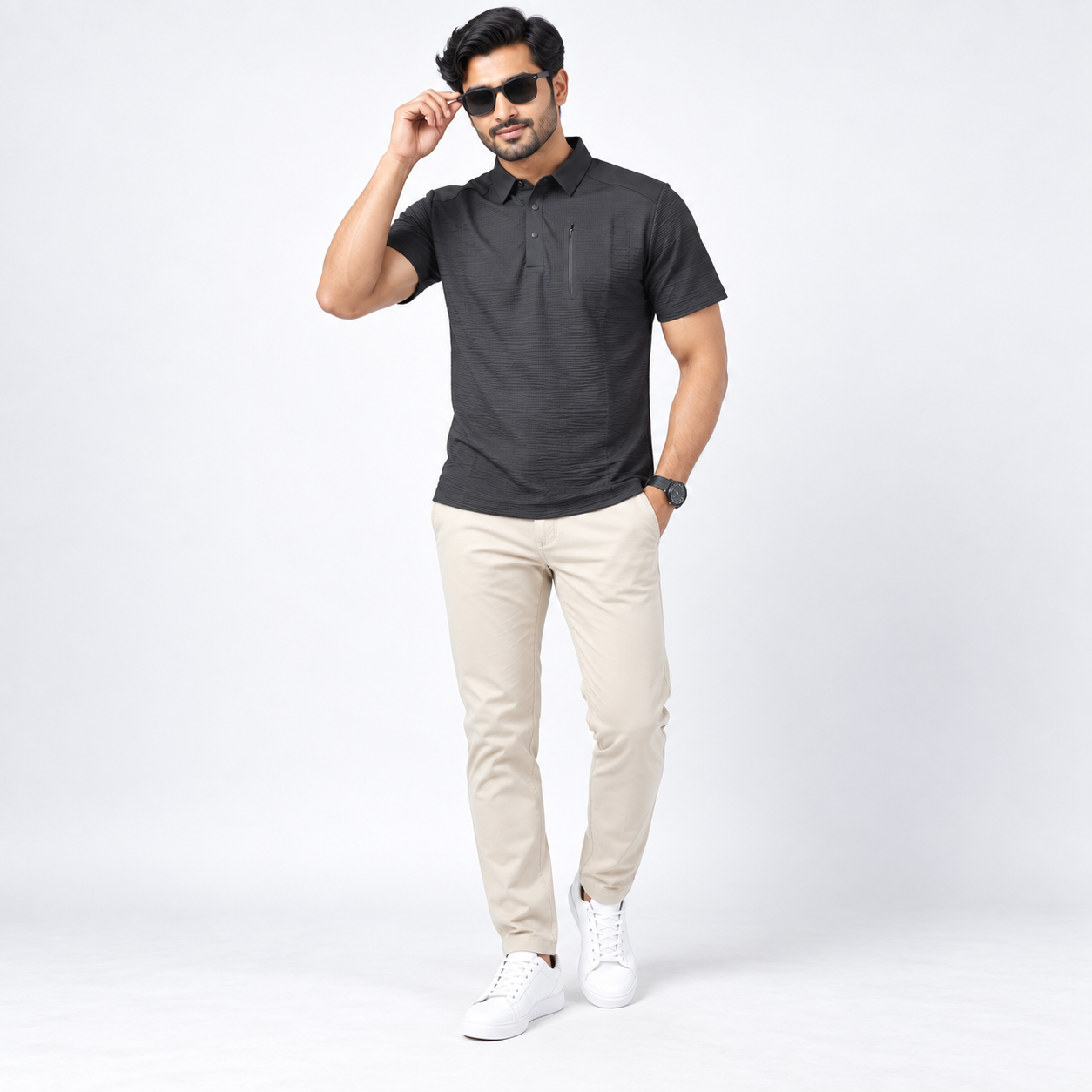 Premium Black Textured Zip-Pocket Polo