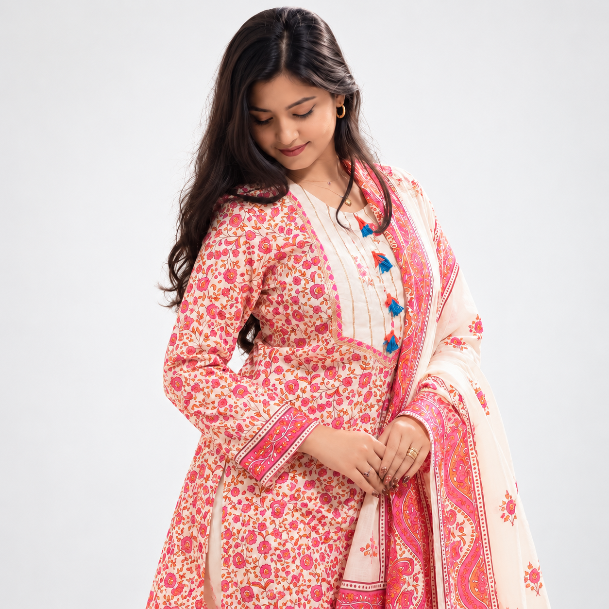 Elegant Cream & Pink Floral Printed 3-Piece Salwar Kameez Set for Women