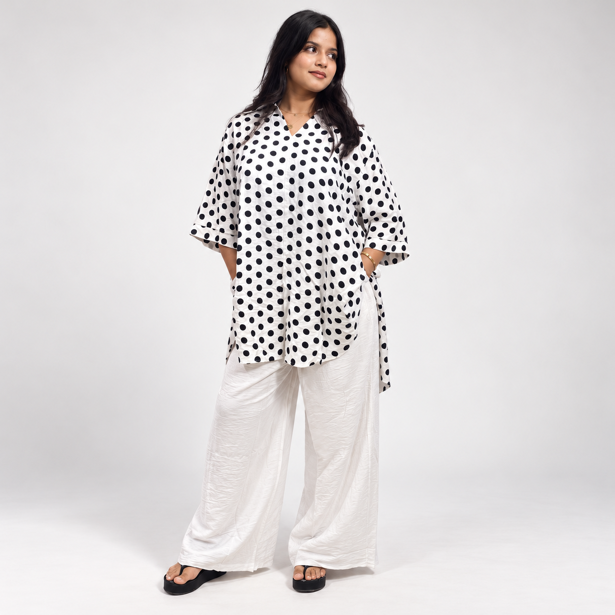 Elegant Black & White Polka Dot Oversized Co-Ord Set for Women