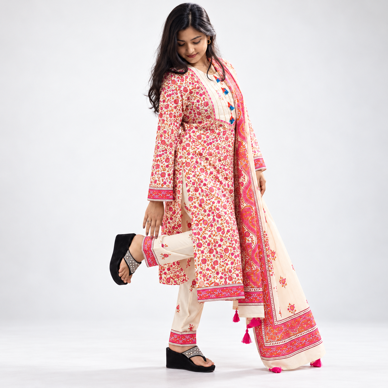 Elegant Cream & Pink Floral Printed 3-Piece Salwar Kameez Set for Women