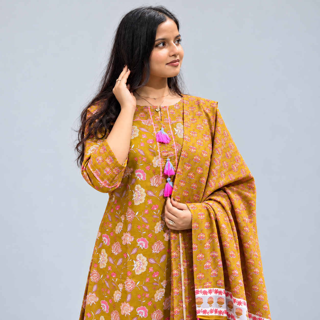 Mustard Olive Floral Printed Three-Piece Set
