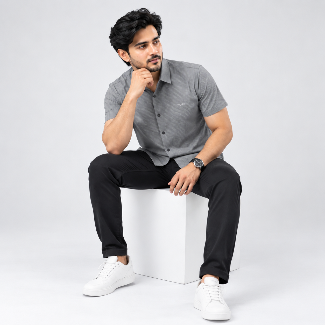 Deep Grey Textured Short Sleeve Shirt