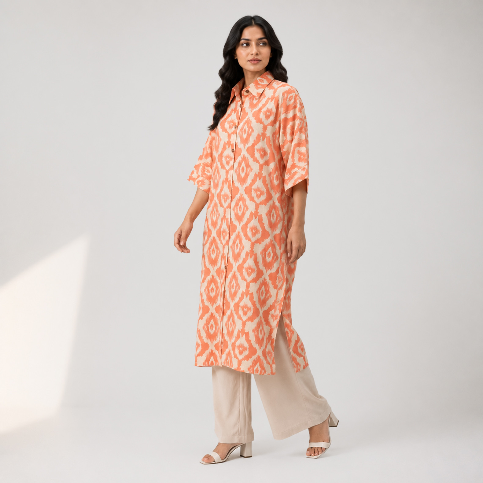 Peach Ikat Print Long Tunic for Women