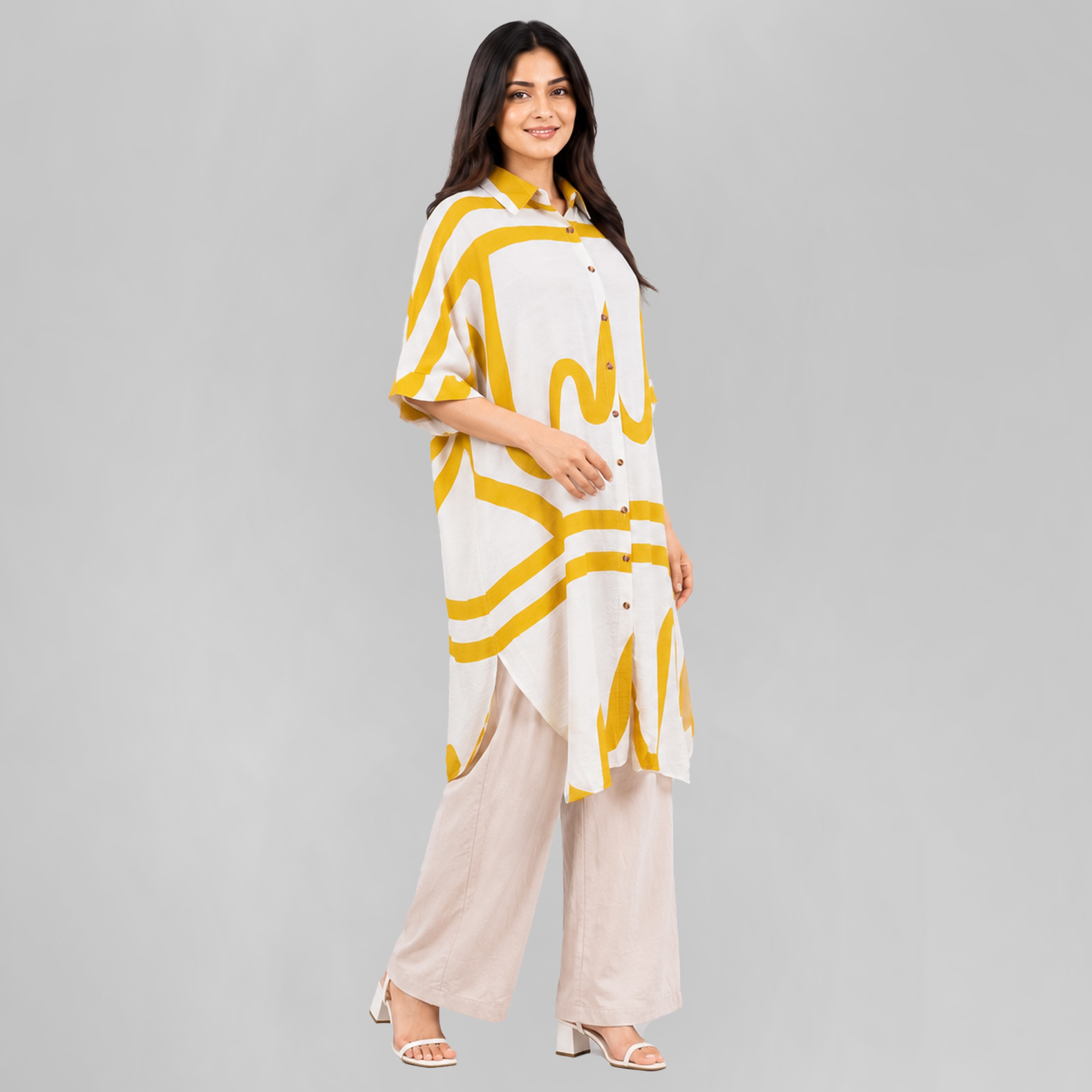 White & Mustard Abstract Summer Tunic for Women