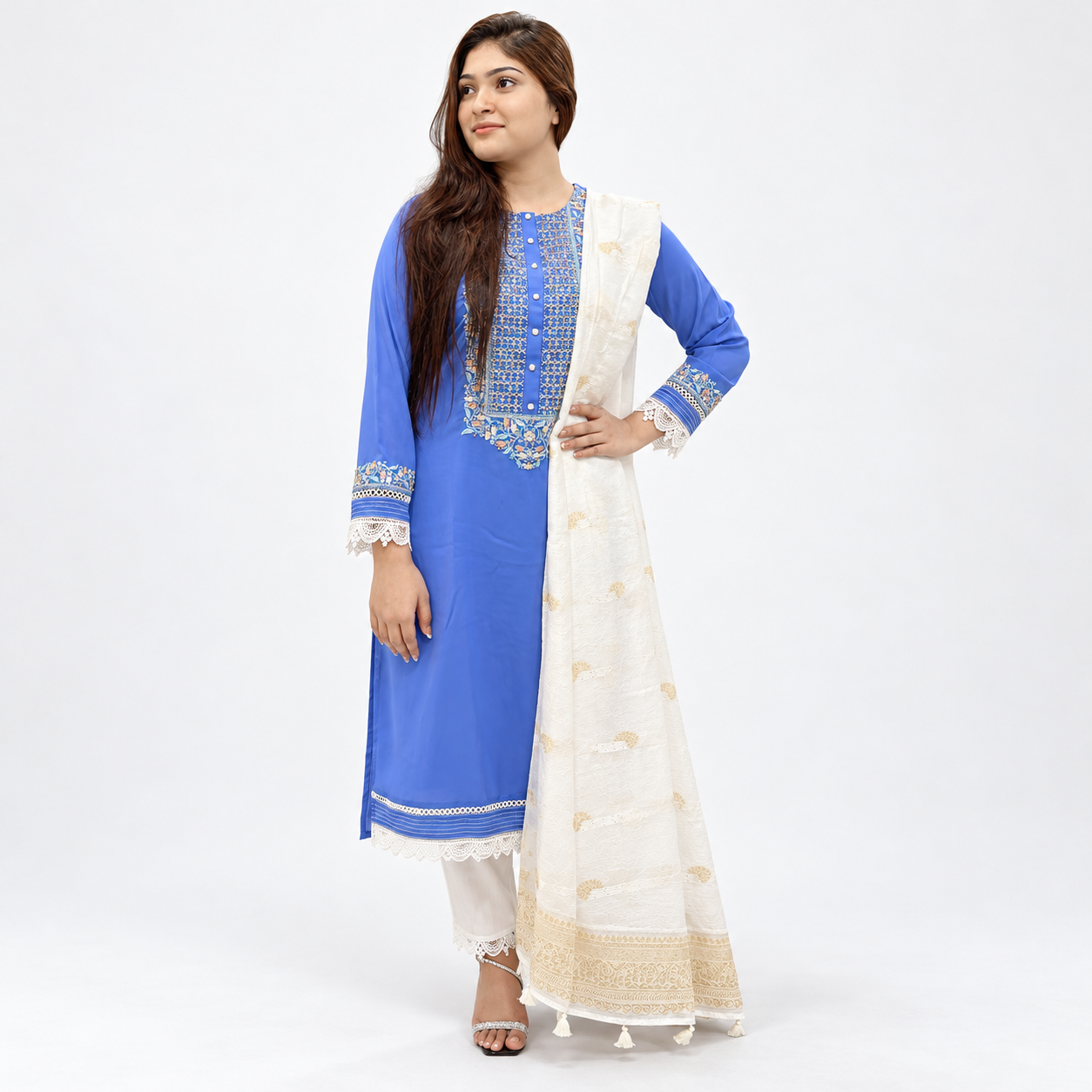 Royal Blue Floral Embroidered 3-Piece Suit for Women