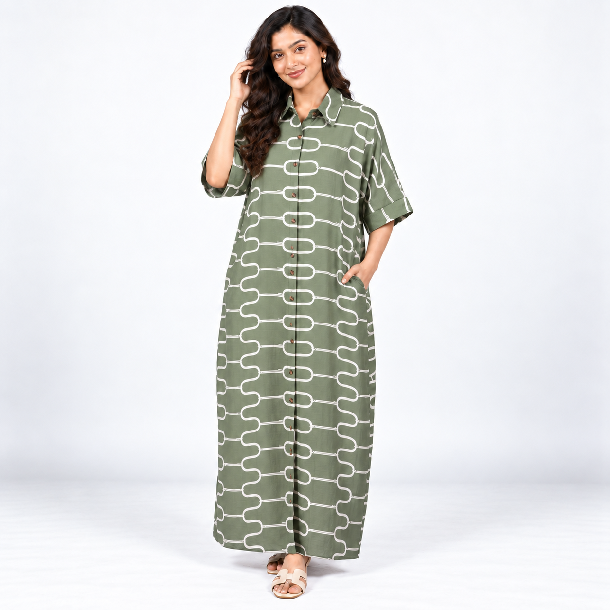 Elegant Olive Green Printed Cotton Maxi Dress