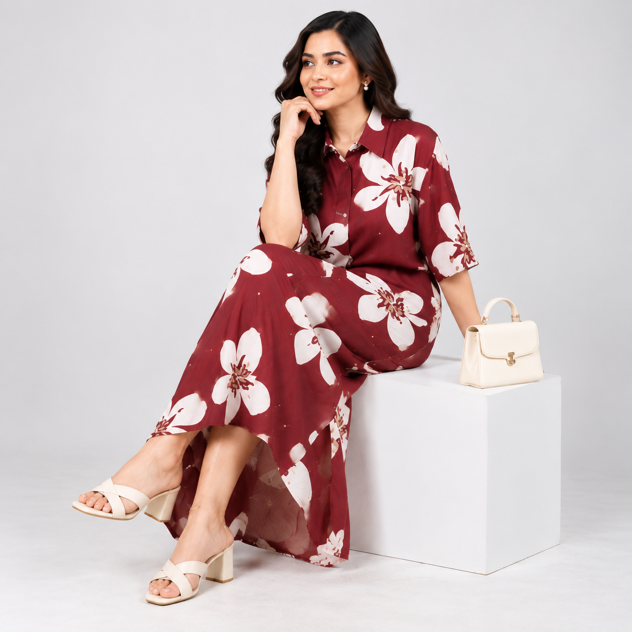 Maroon Floral Printed Premium Maxi Dress