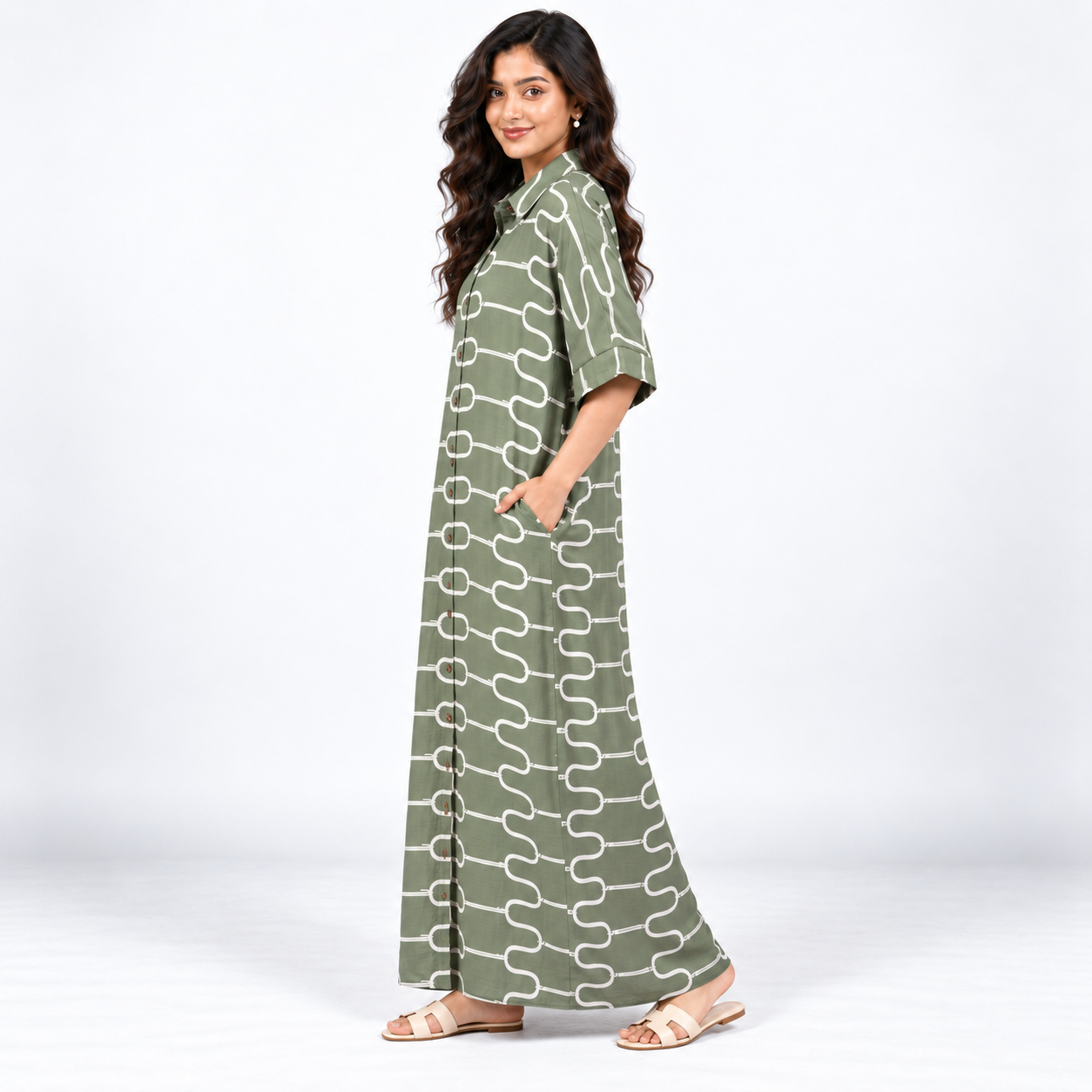 Elegant Olive Green Printed Cotton Maxi Dress