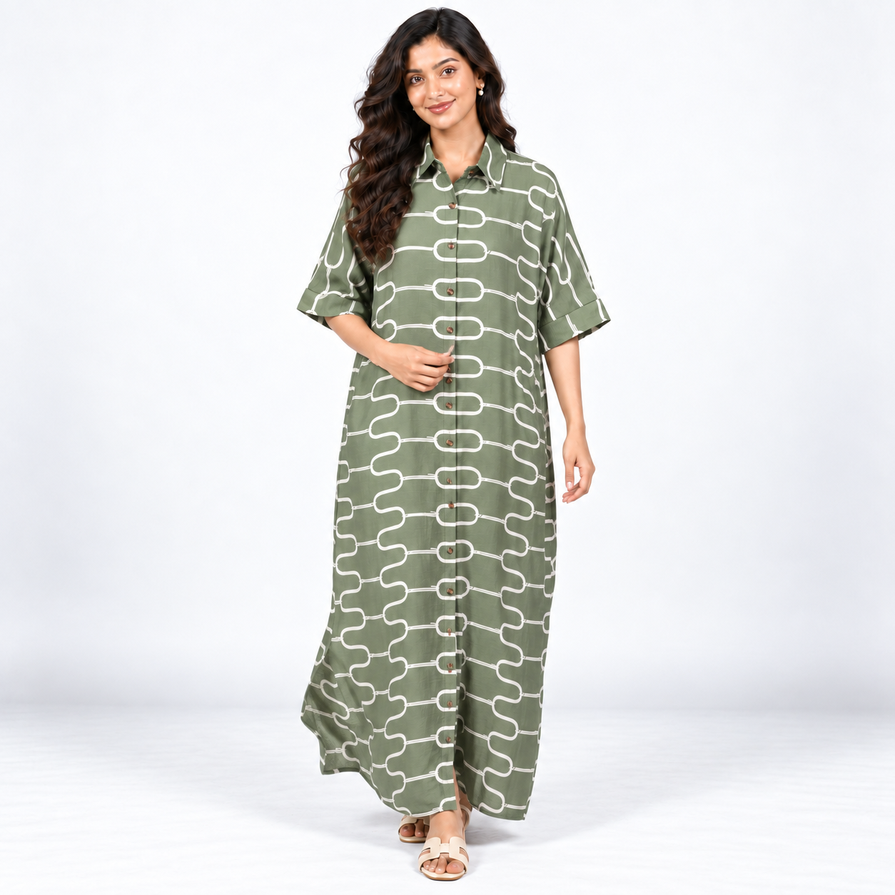 Elegant Olive Green Printed Cotton Maxi Dress