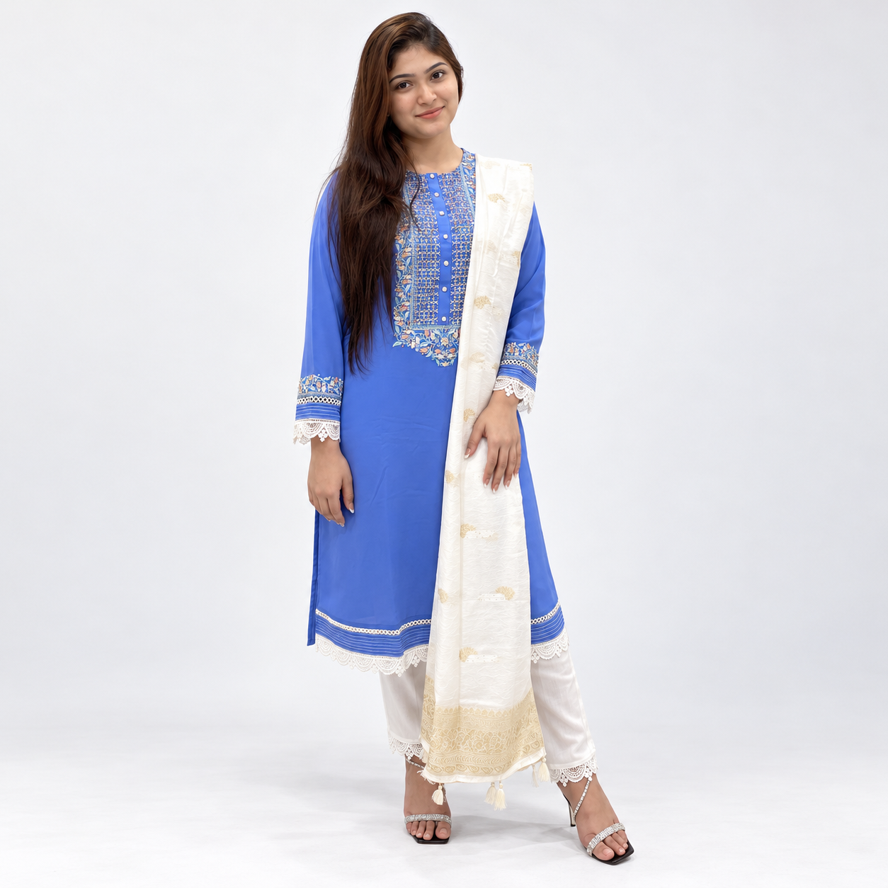 Royal Blue Floral Embroidered 3-Piece Suit for Women