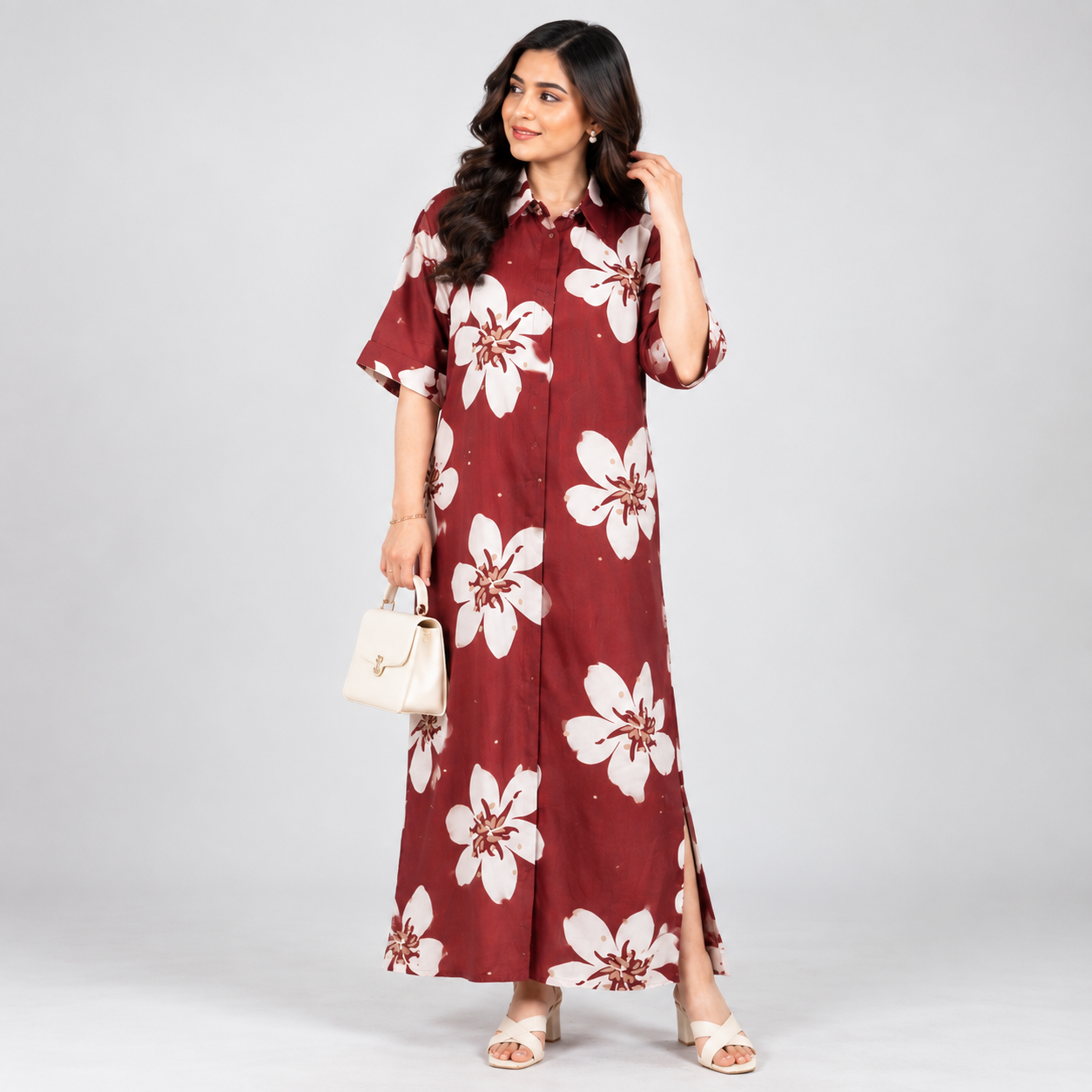 Maroon Floral Printed Premium Maxi Dress
