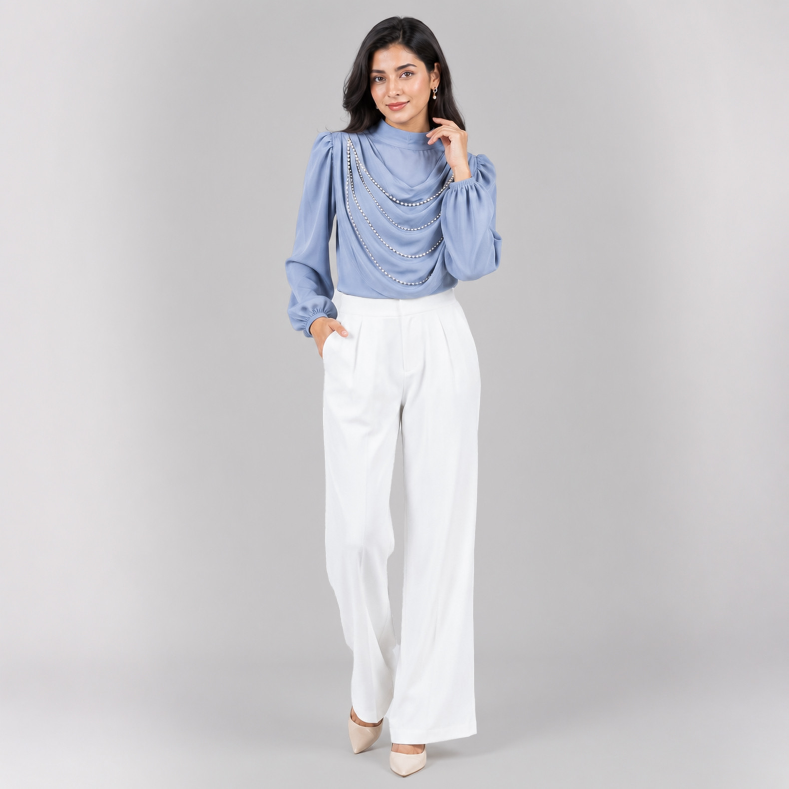 Elegant Blue Draped Neck Embellished Long Sleeve Top